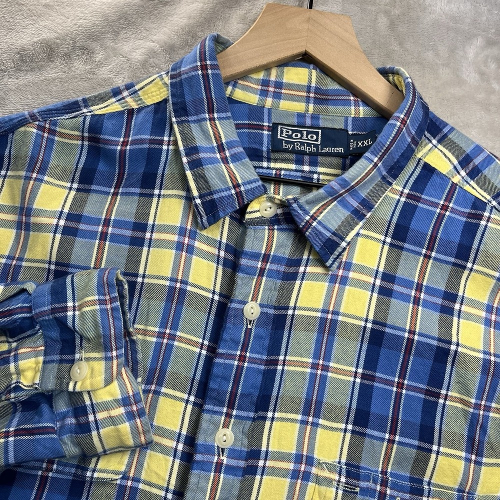 Polo Ralph Lauren Shirt Mens 2XL Blue Yellow Plaid Flannel Pockets *FLAW*